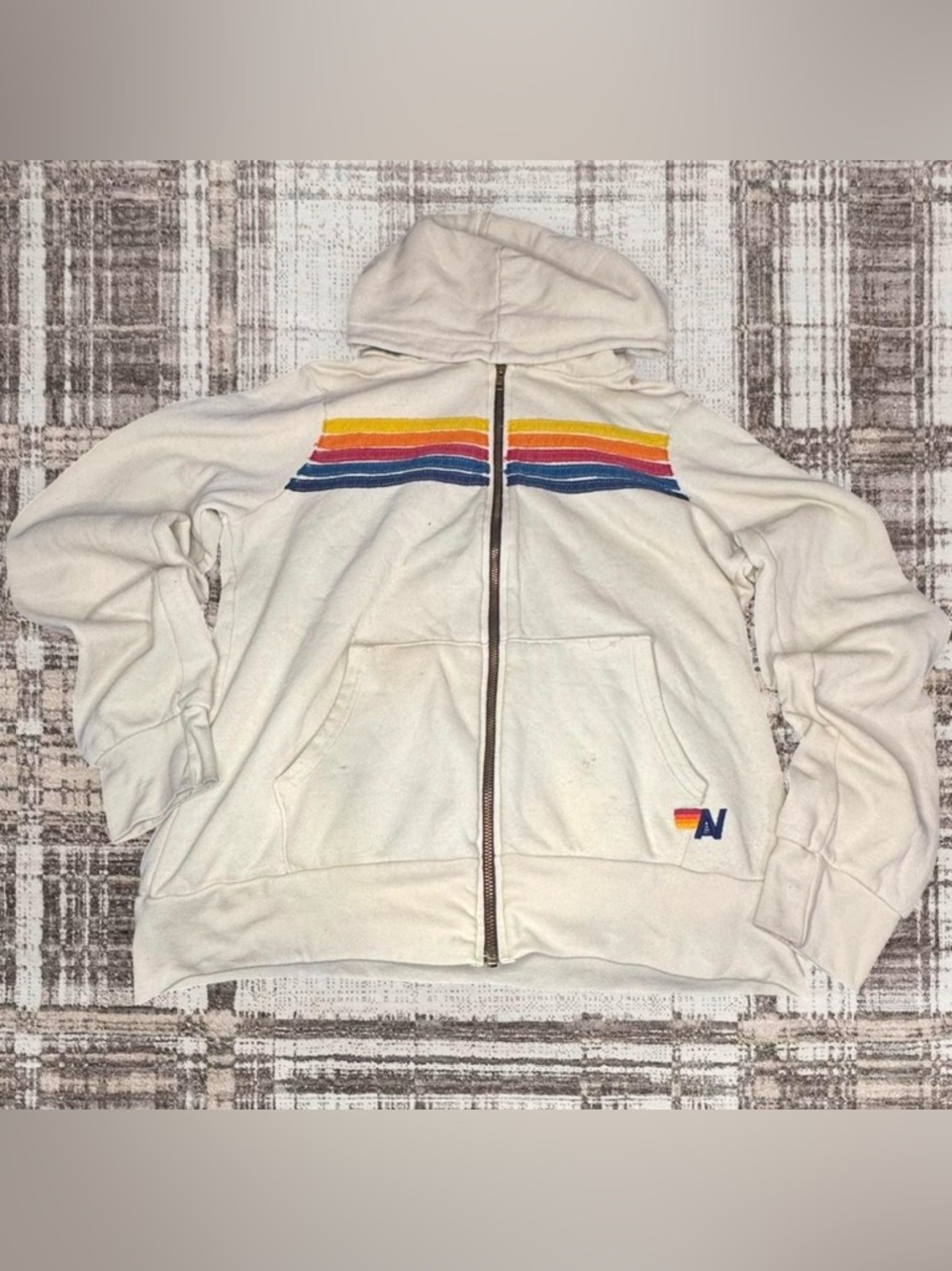 Cream Zip-Up aviator nation Hoodie with Retro Rainbow Stripes